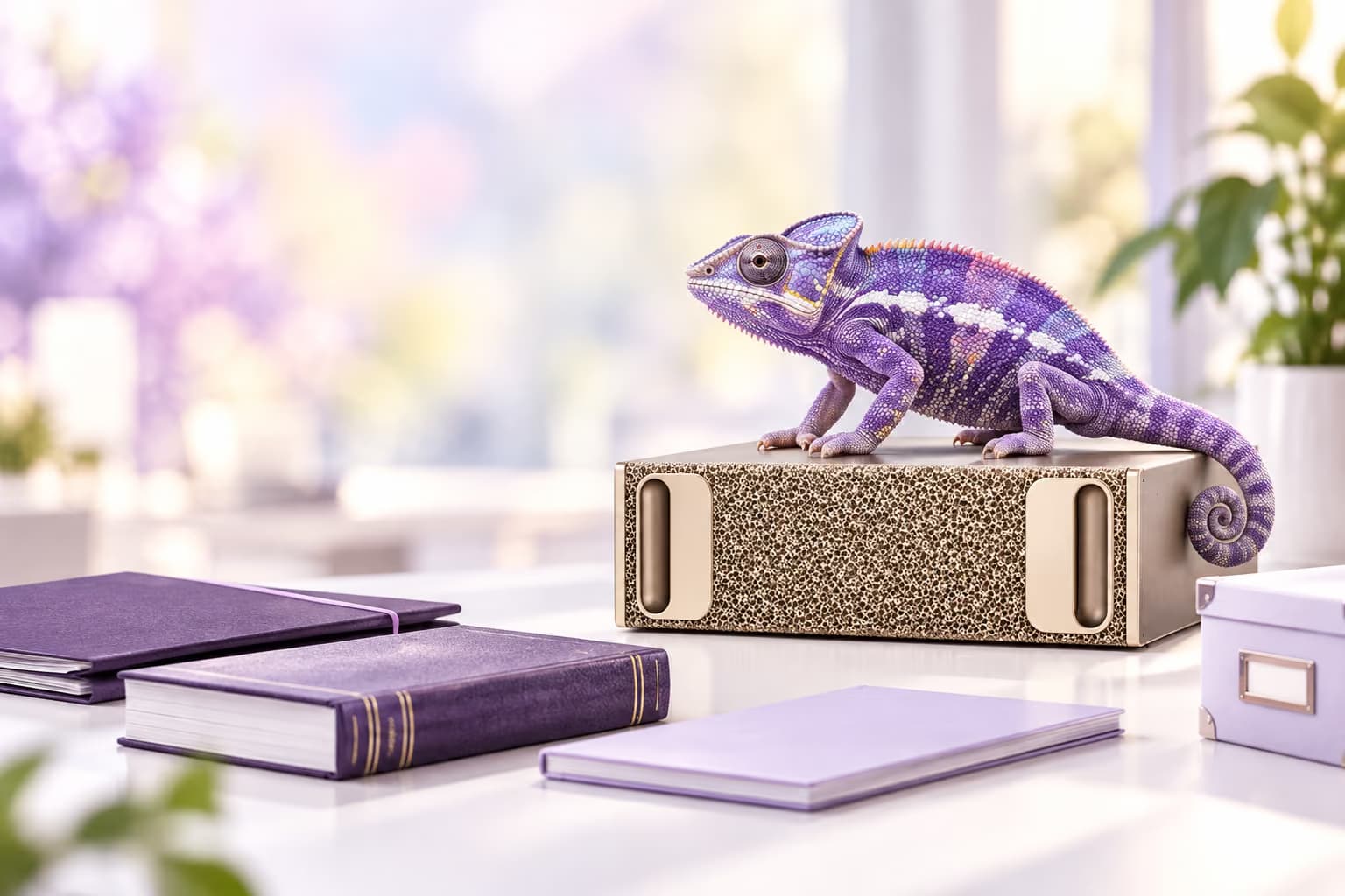 Een paarse kameleon zit op een gouden Kamoo-apparaat op een licht bureau, met dossiers en boeken eromheen