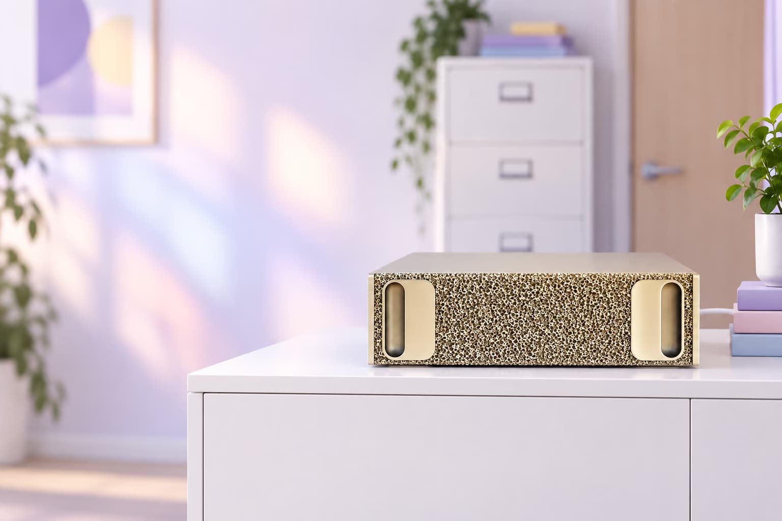 De Kamoo-appliance op een dressoir in een licht kantoor