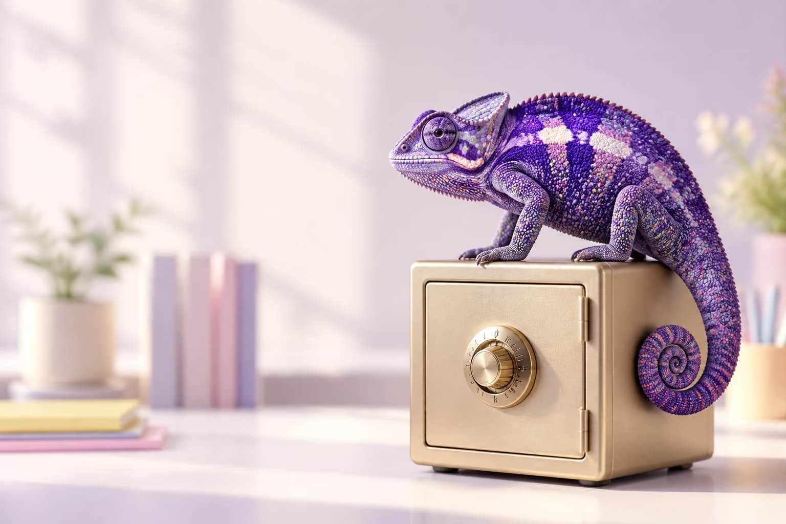 Een paarse kameleon zit op een kleine gouden kluis op een licht bureau