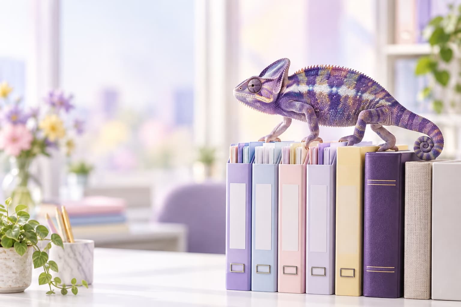 Een paarse kameleon loopt over een rij pastelkleurige ordners en boeken op een licht bureau