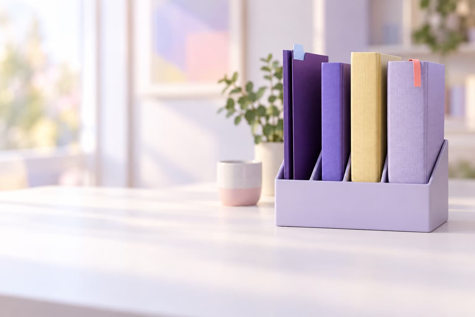 Een lila bureau-organizer op een licht bureau met vier vakken, alle gevuld: een klantmap, een jaarrekening, een grootboek en een naslagwerk over fiscale regels