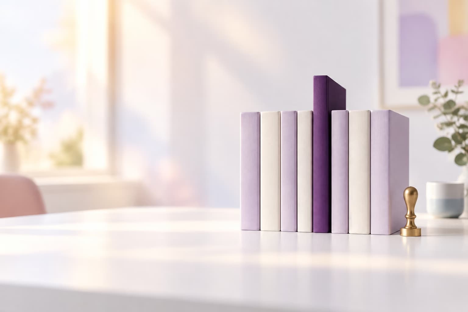 Een rij lichte aktebanden op een licht bureau, met één donkerpaarse band die boven de rest uitsteekt, naast een gouden zegelstempel