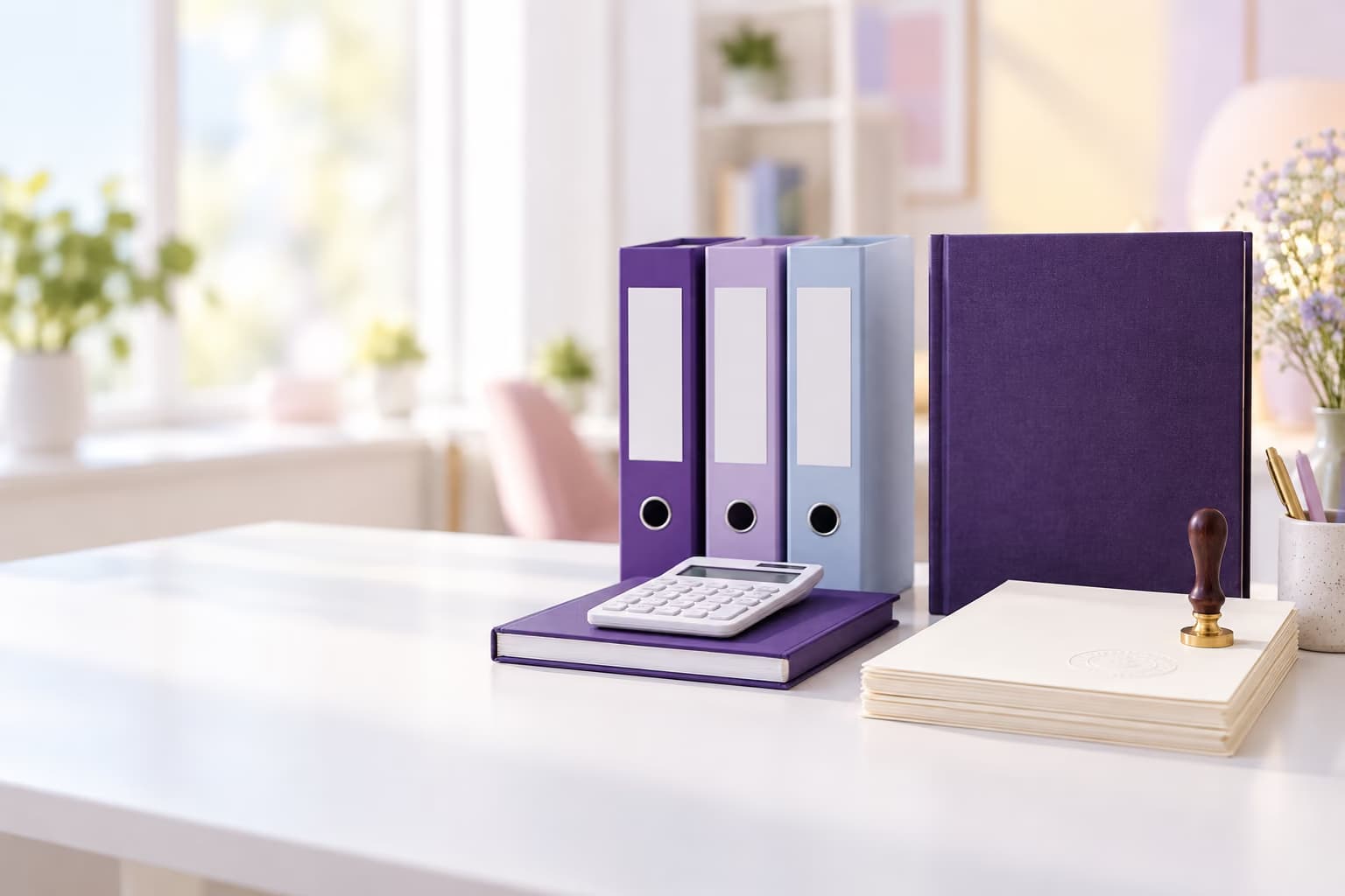 Twee opstellingen op een licht bureau: ordners, een grootboek en een rekenmachine naast een aktemap, een stapel aktepapier en een zegelstempel